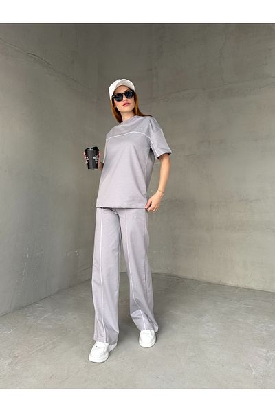 Cappmoda Tkm-03653 Painting Gray Compatible Fabric Crew Neck Tshirt Waist Elastic Palazzo Bottom Piping Double Suit
