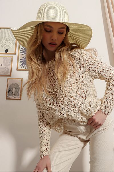 VAGGON Women's Ecru Wide Straw Hat Prmx2499