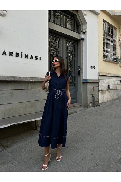 Dedoçe Summer Sleeveless Denim Dress with Rope Belt Detail