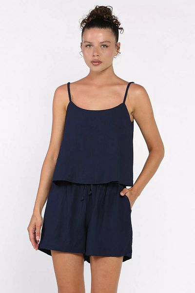 GÜLSELİ Navy Blue Women's Adjustable Strap Blouse Waist Elastic Shorts Double Set