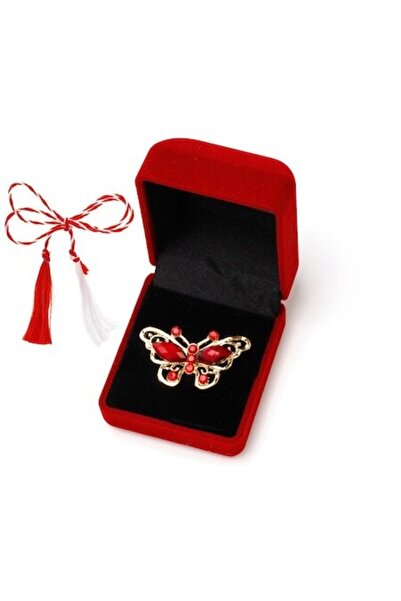 OEM Martisor brosa cu pietre fatetate si strasuri in cutie de catifea, fluture rosu