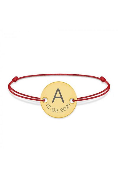 saratremo Lia - Brățară cu șnur personalizat și monedă din argint 925 placată cu aur galben de 24K cu inițiala a