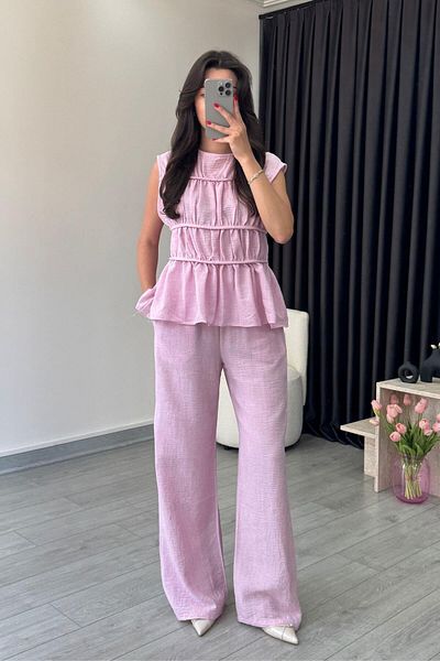 ECEMİ Via Pink Linen Blouse Trousers Set