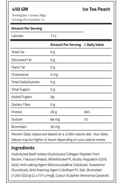 Body Builder ISO Beef Clear Protein, Ice Tea Peach Flavor, 450gm, 28g Hydrolyzed Beef Isolate per Scoop