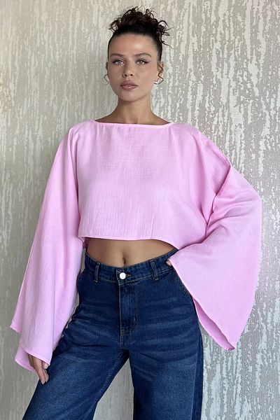 GÜLSELİ Γυναικεία μπλούζα Casual με ροζ μανίκι νυχτερίδας
