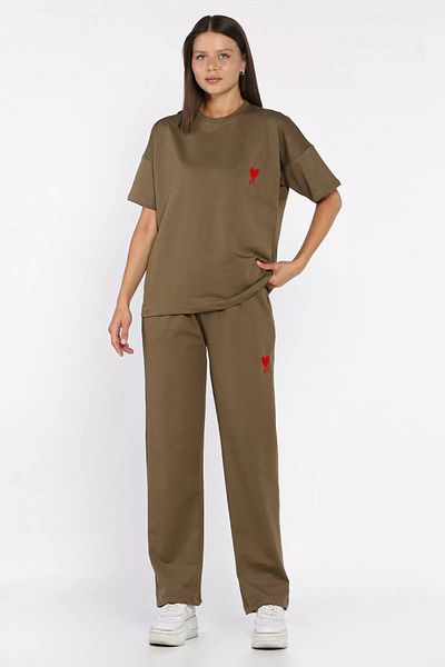 GÜLSELİ Khaki Women's Heart Embroidered Crew Neck T-Shirt Pants Two-Piece Set