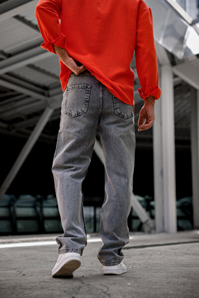 Newtime Erkek Baggy Koyu Gri Kar Yıkama %100 Koton Rahat Kesim Kot Pantolon