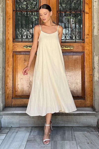 GÜLSELİ Ecru Women's Adjustable Strap Loose Cut Dress