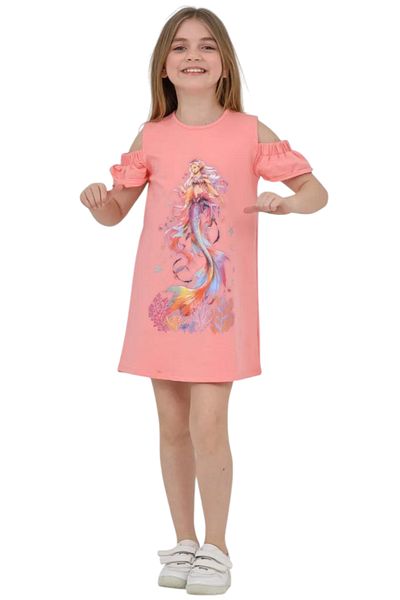 İrem Çocuk Giyim Girl's Mermaid Patterned Sleeve Detailed Babydoll Dress