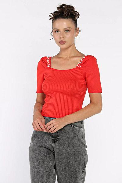 GÜLSELİ Red Pearl Detailed Short Sleeve Knitwear Blouse