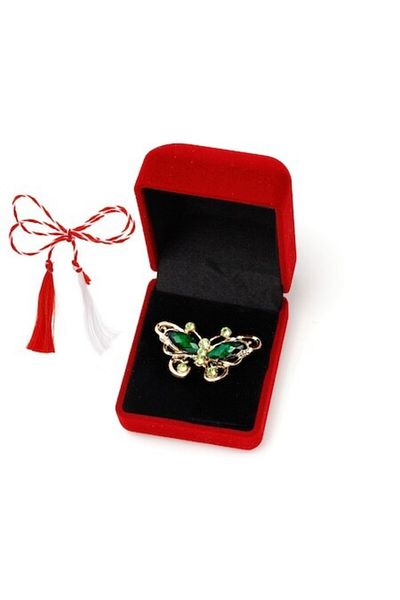 OEM Martisor brosa cu pietre fatetate si strasuri in cutie de catifea, fluture verde