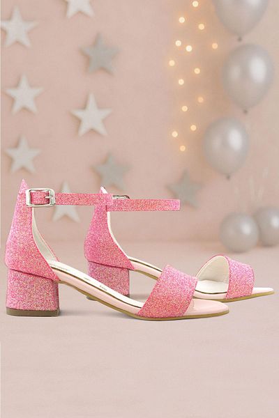 hapshoe Lilo Glittery Fuchsia Pink Single Strap Girls' Heeled Evening Dress Shoes