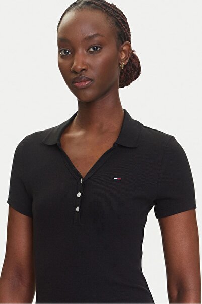 Tommy Hilfiger Kadın Polo Yaka Fit & Flare Kesim Fitilli Elbise - Siyah