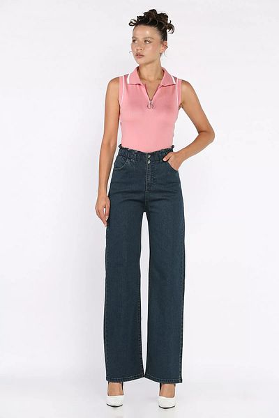 GÜLSELİ Navy Blue Tint Double Button Detailed Wide Leg Lycra Women's Jean Denim Trousers