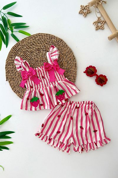 Minigimin Cicileri Bow Patterned Strawberry Printed Gipeli Girl's Set of 2 - Pink