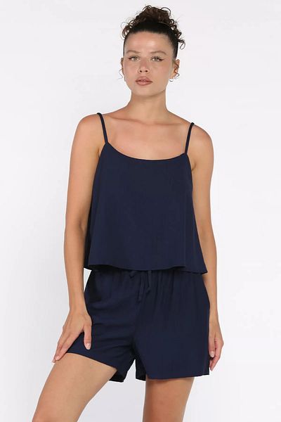 GÜLSELİ Navy Blue Women's Adjustable Strap Blouse Waist Elastic Shorts Double Set