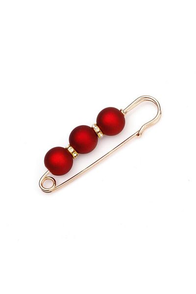 OEM Martisor brosa dama tip ac de siguranta cu 3 margele perlate rosii si strasuri, 8 cm