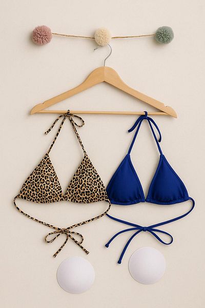 Stail Moda Women's Leopard and Blue 2-Piece Side and Neck Tie Shorts Triangle Bikini Nightdress Sea Suit