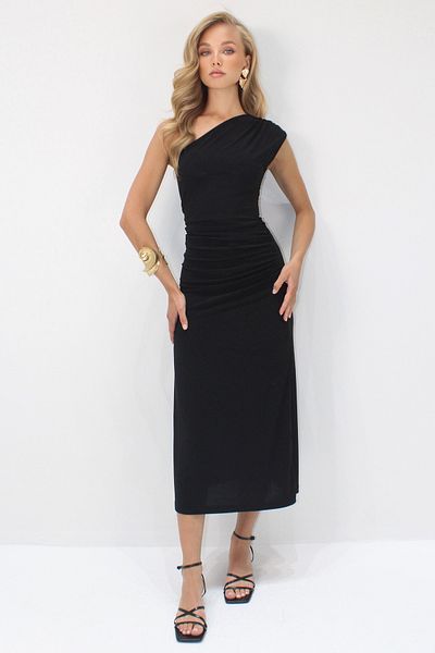 VAGGON Women's Black Asymmetrical Cut One Shoulder Sandy Long Dress Prmx14167