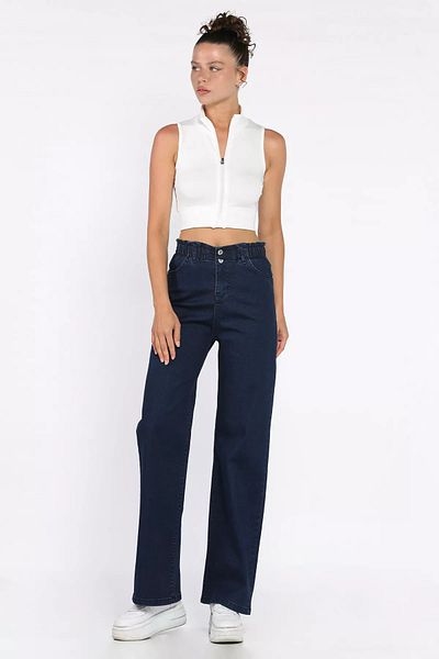 GÜLSELİ Dark Blue Double Button Detailed Wide Leg Lycra Women's Jean Jeans