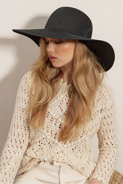 VAGGON Women's Black Wide Straw Hat Prmx2499