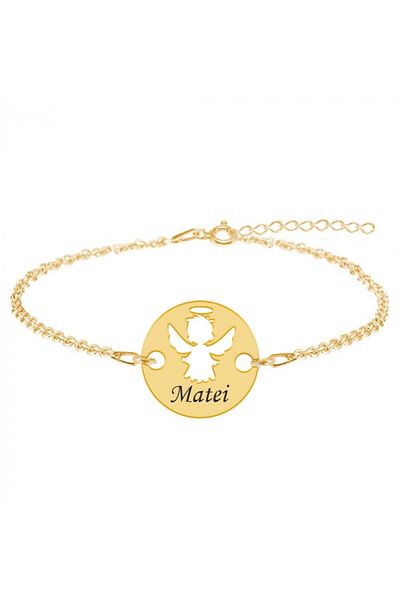 saratremo Înger - Brățară personalizată cu înger și nume gravate din argint 925 placat cu aur galben de 24K