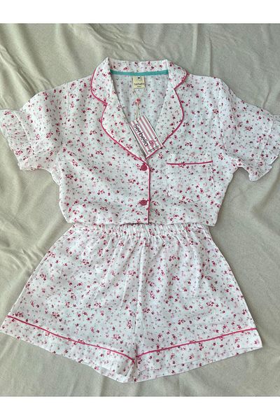 Serbella Flowers White Organic Muslin Shorts Pajama Set Cotton Anti-Sweat