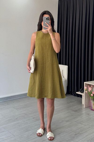 ECEMİ Ashe Oil Green Raw Linen Above Knee Dress