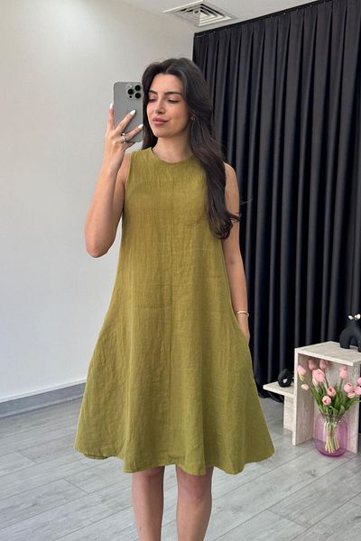 ECEMİ Ashe Oil Green Raw Linen Above Knee Dress