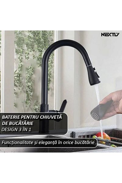 NEXTLY Baterie pentru chiuveta tip lebada NEXTLY, rotire la 360°, buton oprire jet, negru mat