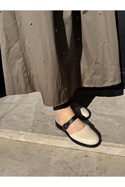 BABLACK Belt Detailed Genuine Leather Mary Jane Women's Designer Shoes Cream