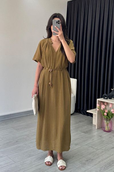 ECEMİ Mira Khaki V-Neck Textured Midi Dress