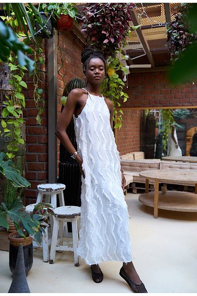 FEMMESTUDIO Women's White Halter Neckline Tassel Detail Half Lined Long Dress