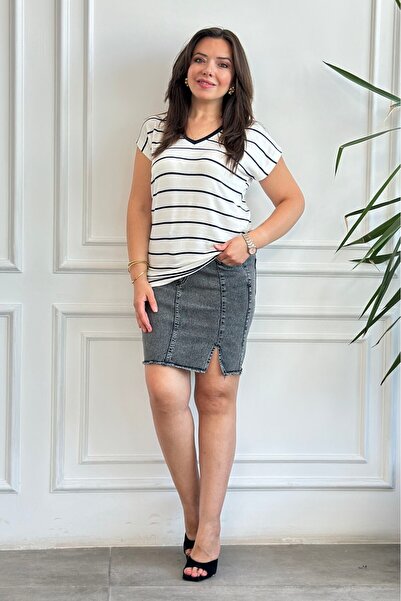 Yağmur Butik Λαιμόκοψη V με ρίγες, χαμηλό μανίκι, Mercerized