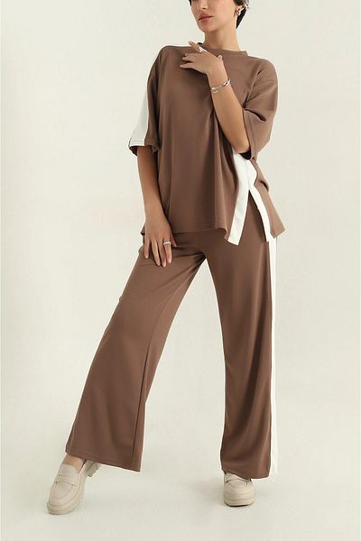 HARMONY GLOBAL Brown Striped Modal Fabric Leg Slit Relaxed Fit Double Suit