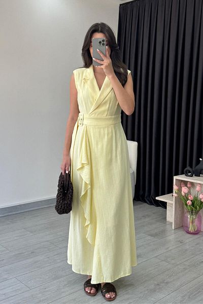 ECEMİ Sara Yellow Double Breasted Cut Linen Dress
