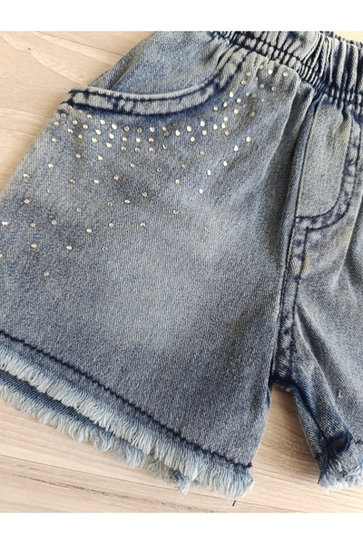 minilkabebe beli lastikli taş detaylı kız çocuk mini kot şort