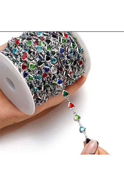 yiğit aksesuar 50cm Y Necklace Bracelet for Necklace Making Steel Tarnish Free Colored Heart Model with Glass Stone Inside Silver Chain