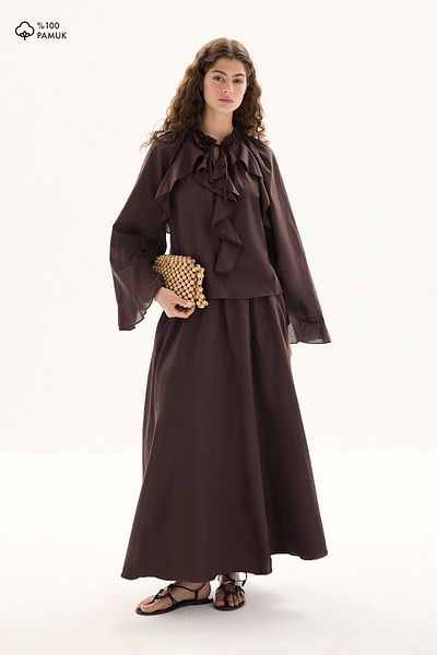 Hooopstore Boho Voile Coffee Blouse Skirt Set