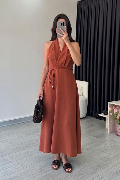 ECEMİ Zoe Tile Linen Double Breasted Collar Dress