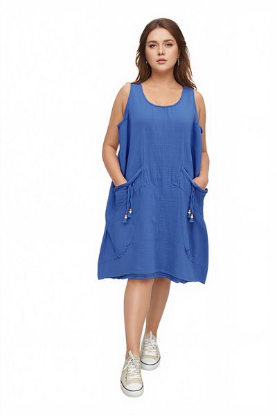 Modasultan Zero Sleeve Pocket Midi Length Muslin Linen Dress