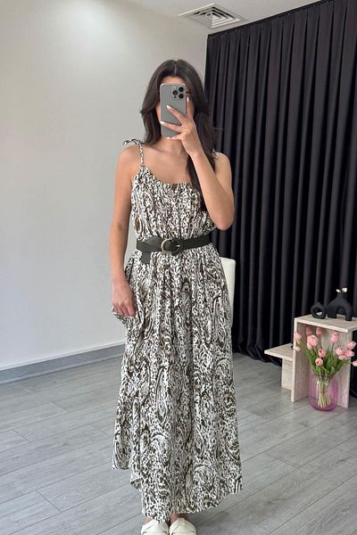 ECEMİ Gven Khaki Patterned Satin Dress