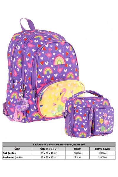 KAUKKO Flamingo Embroidered and Printed School Bag (L5226) and Lunchbox (L7226) Set - Girl