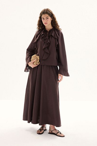 Hooopstore Boho Voile Coffee Blouse Skirt Set