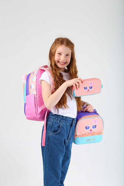 KAUKKO Girl's Triple Primary School 1.2.3.4. Classroom School Bag Set - Cute Cat Shaped - Pink Turquoise
