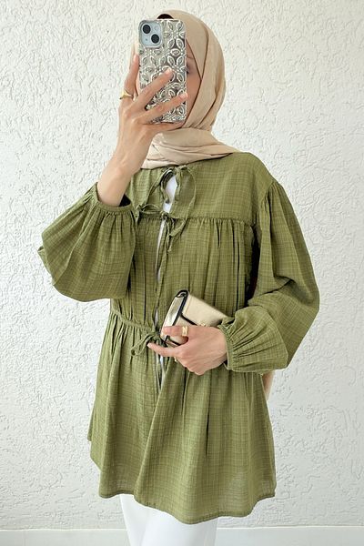 Salih Çelebi Front Gathered Long Tunic 2338 - Oil Green