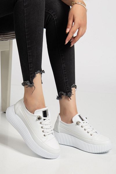 Dilimler Ayakkabı Pantofi sport casual de damă, alb, elastic, cu șireturi, talpă groasă