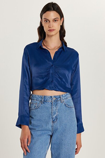 Tudors Kadın Slim Fit Dar Kesim Uzun Kollu Klasik Yaka Lacivert Gömlek