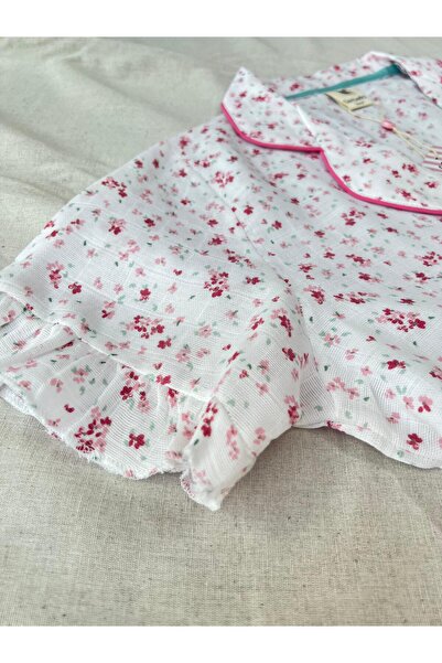 Serbella Flowers White Organic Muslin Shorts Pajama Set Cotton Anti-Sweat