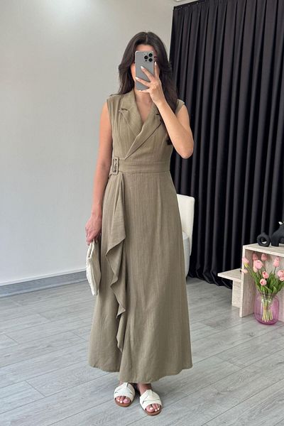ECEMİ Sara Khaki Double Breasted Cut Linen Dress